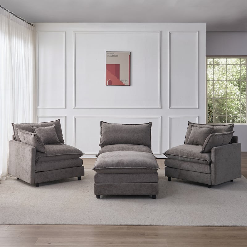 Upholstered Soft Chenille Fabric Sofa,3 Seater with Ottoman L Shape Sofa