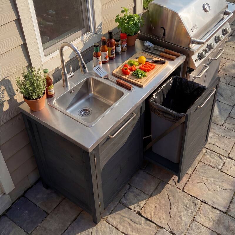 Modular Outdoor Kitchen Island Set, 100% Solid Wood BBQ Cabinet , Patio Kitchen Bar Table