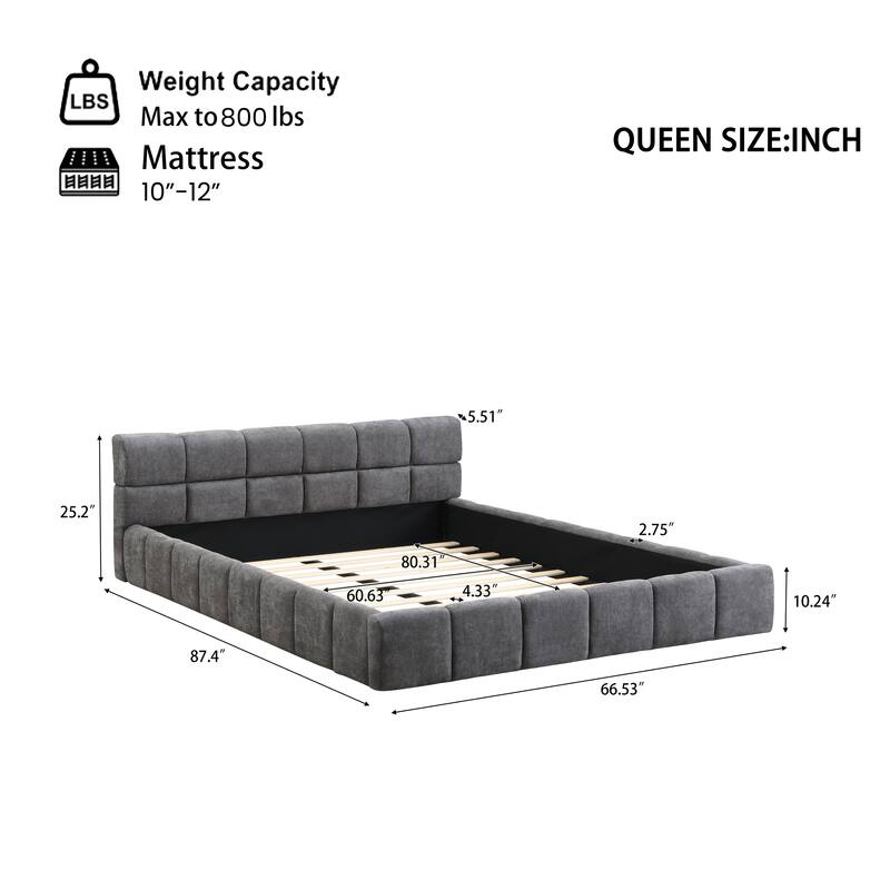Elegant Chenille Checkerboard Grounding Bed Frame, Upholstered Platform Bed with Wood Slat Support, No Box Spring Needed