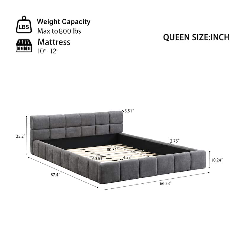 Grounded Bed Frame, Chenille Upholstered Platform Bed with Checkerboard Design, Stylish Bedroom Low Bed for Adults
