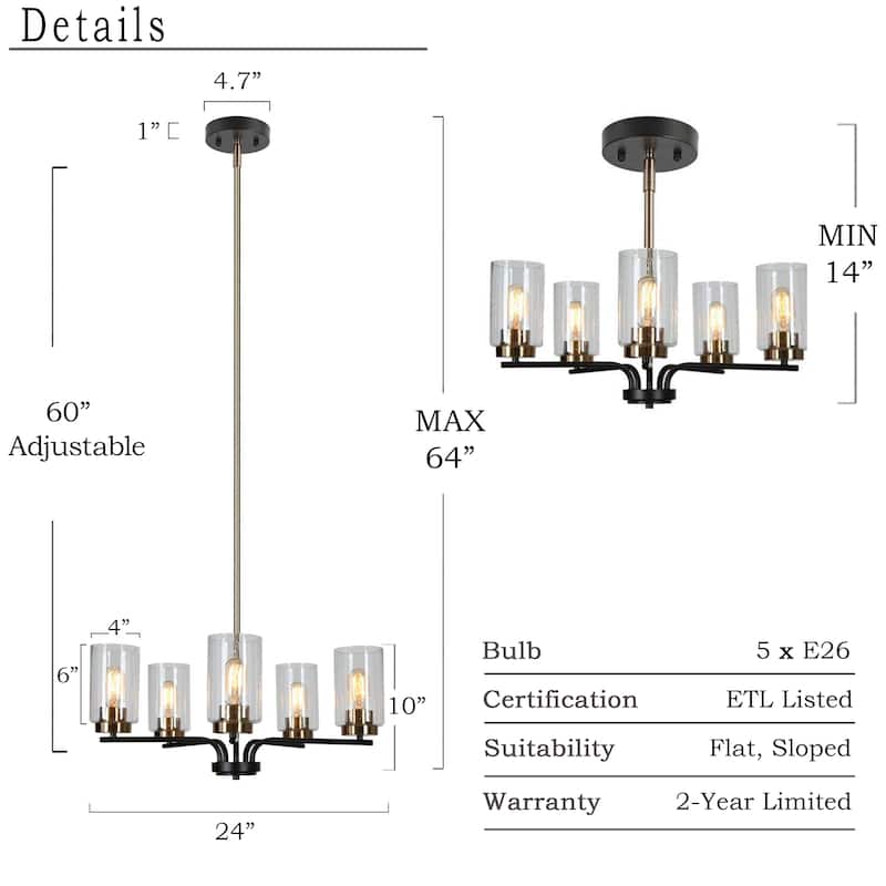 Modern 5-Light Black Gold Wheel Chandelier Cylindrical Seeded Glass Pendant Lights for Dining Room