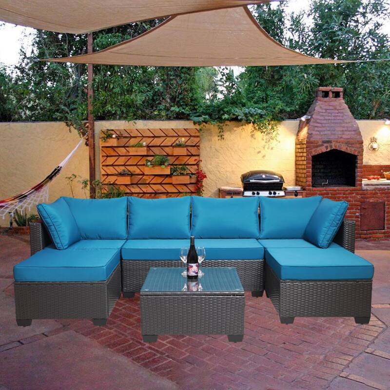 7 Pcs Patio Furniture Set, All Weather PE Rattan Wicker Conversation Sets, Garden Sofa Set with Coffee Table and Cushions