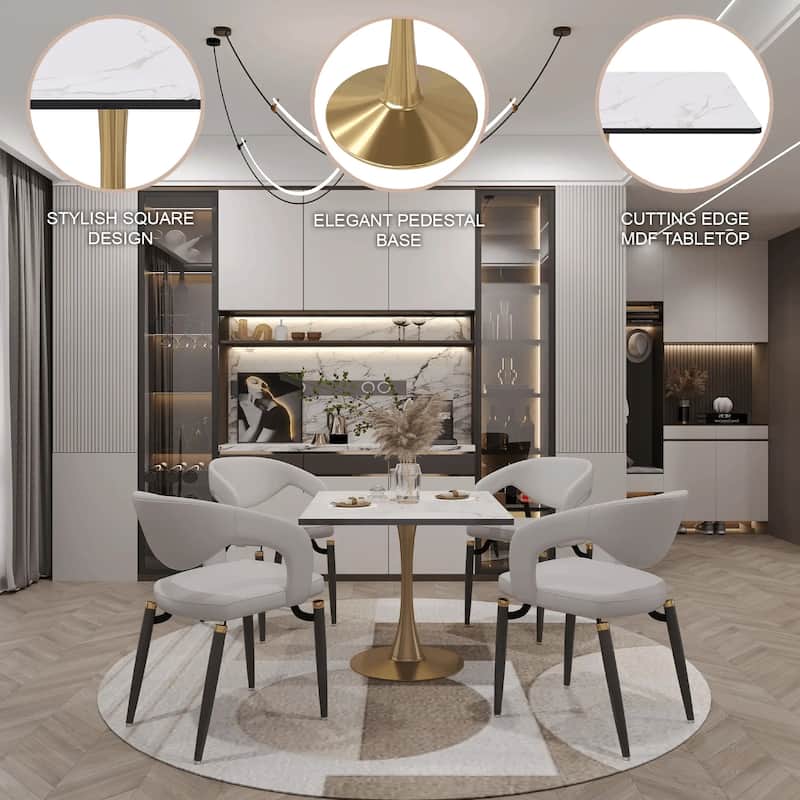 Bristol Square Marbled White MDF Wood Top and Gold Steel Pedestal Base Dining Table for Dining Rooms, Kitchens, and Restaurants