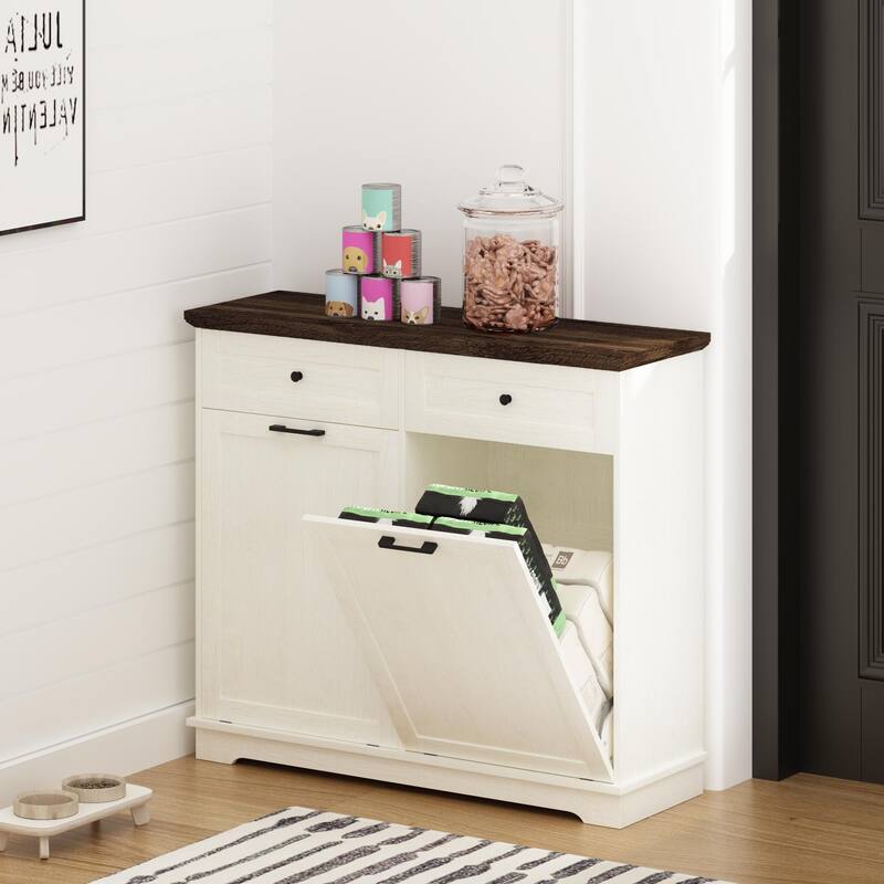 20 Gallon Double Tilt Out Trash Can Cabinet Freestanding Trash Bin Cabinet Wood Garbage Recycling Cabinet with Hideaway Drawer
