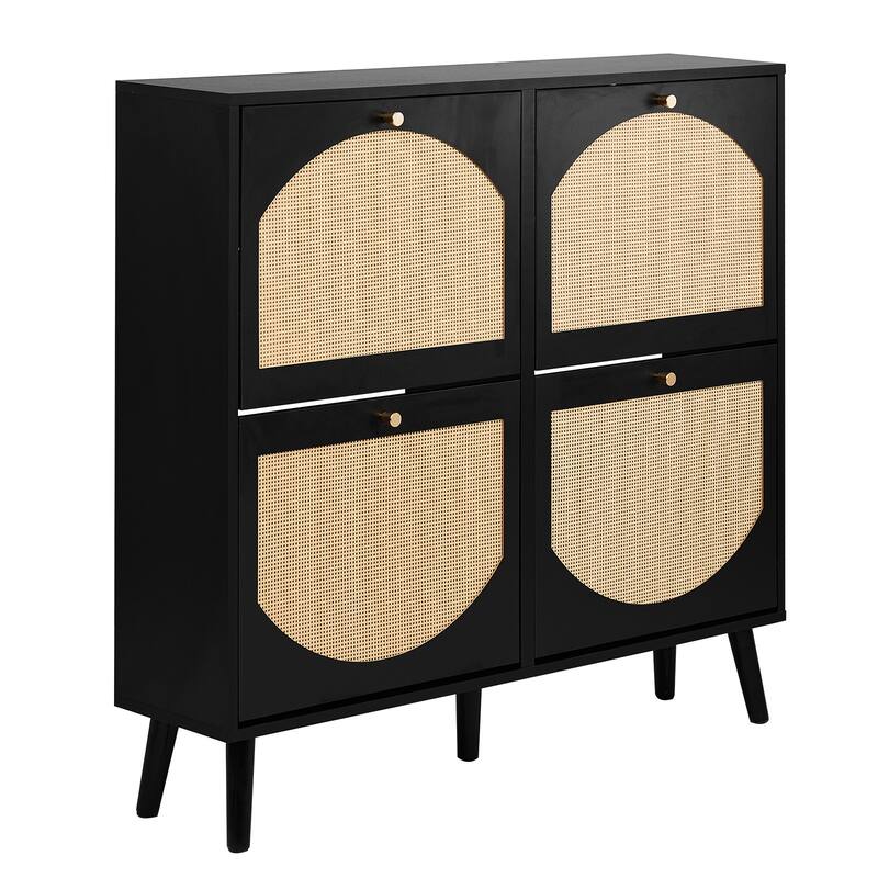 Space-Saving Black Shoe Cabinet with Dual-Tier Flip Storage and Breathable Rattan Panels - 41.34” (L) x 9.45” (W) x 38.58” (H)