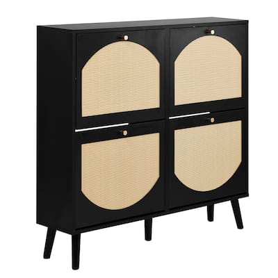 Space-Saving Black Shoe Cabinet with Dual-Tier Flip Storage and Breathable Rattan Panels - 41.34” (L) x 9.45” (W) x 38.58” (H)
