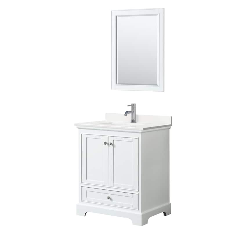 Deborah 30-inch Single Vanity, Quartz Top, 24-inch Mirror - White, Chrome Trim, White Quartz Top