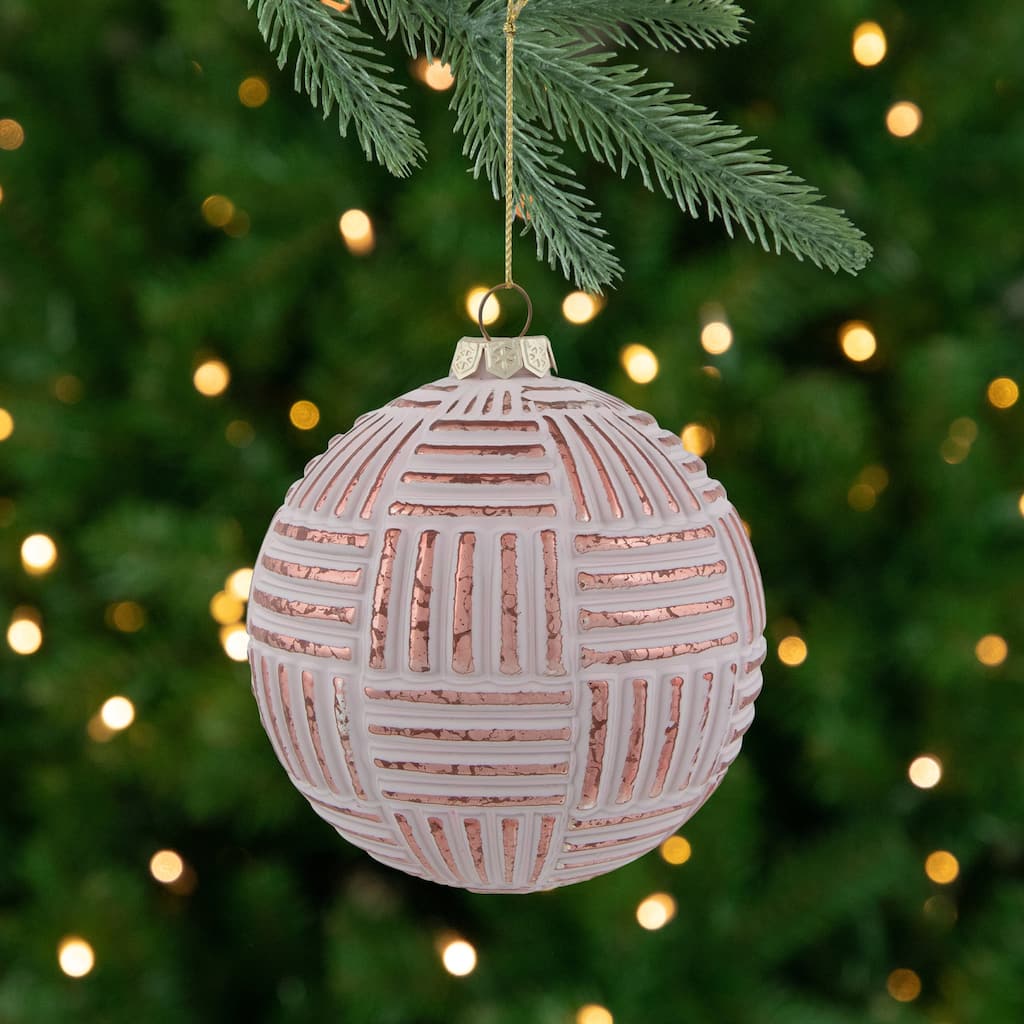 Textured Stripes Glass Christmas Ball Ornament - 4" (100mm) - White and Rose Gold