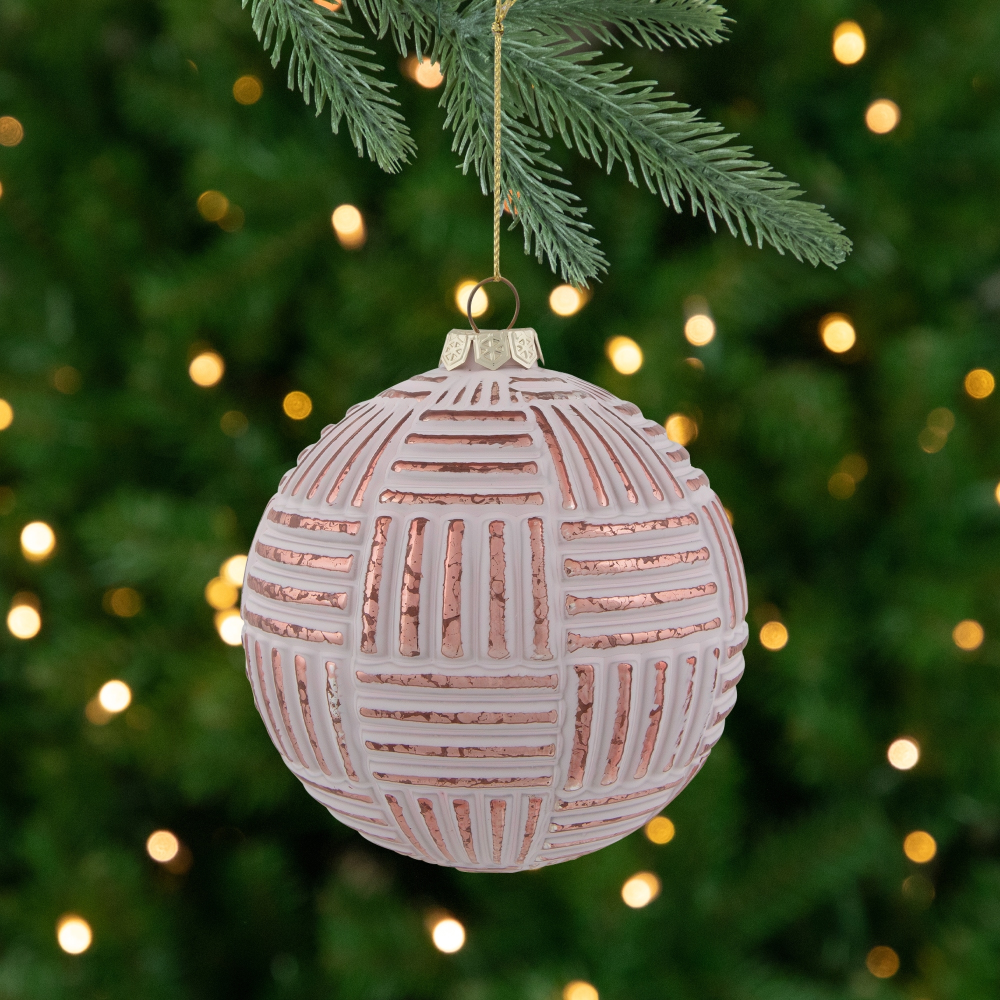 Textured Stripes Glass Christmas Ornament 4" (100mm) White Rose Gold