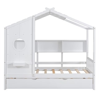 Twin Size House Bed Frame with Trundle and Storage Shelves, Wooden House Shaped Bed with Support Slats for Kids,White