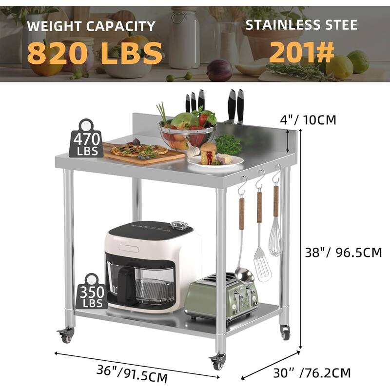 AECOJOY Stainless Steel Table with Wheels, Backsplash and Knife Blocks Prep Tables for Kitchen Steel Countertop Workbench