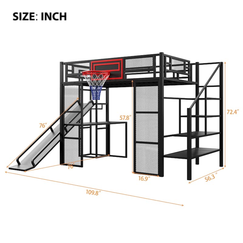 Full Size Metal Loft Bed with Built-in Desk, Wardrobe, Basketball Hoop, Slide, and Staircase