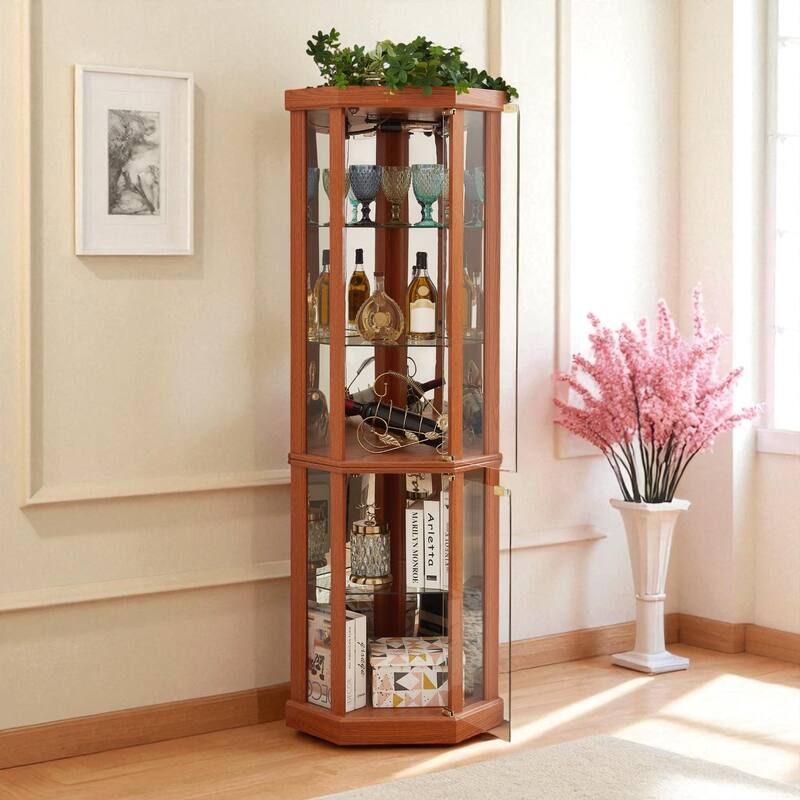 Corner Lighted Glass Curio Cabinet with Doors, Shelves and Mirrored Back for Display and Storage - Dark Oak