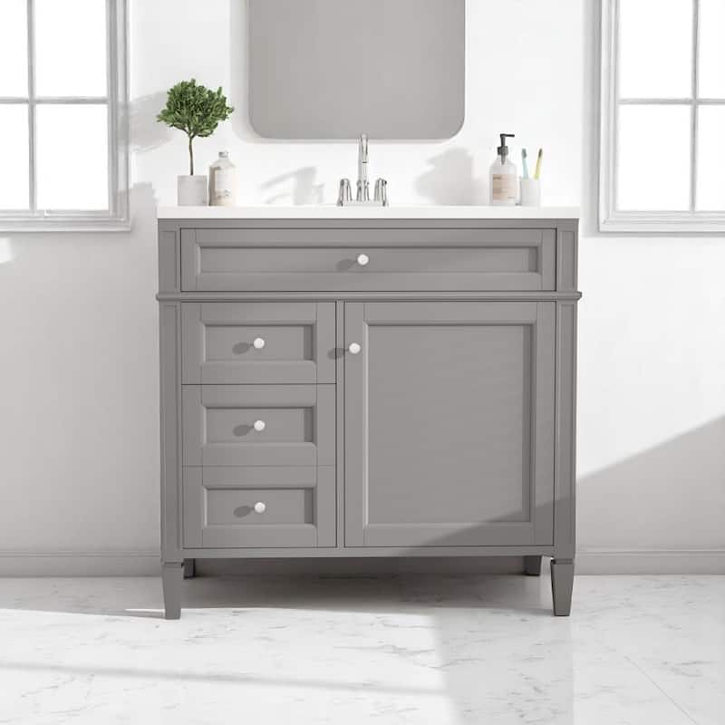 36 Inch Bathroom Vanity with Top Sink, Tip-Out Drawer, Soft Close Doors, Freestanding Cabinet for Storage - Grey