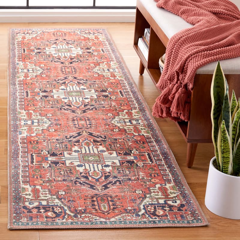 SAFAVIEH Serapi Liller Traditional Machine Washable Cotton Rug - 2'2" x 8' Runner - Rust/Navy