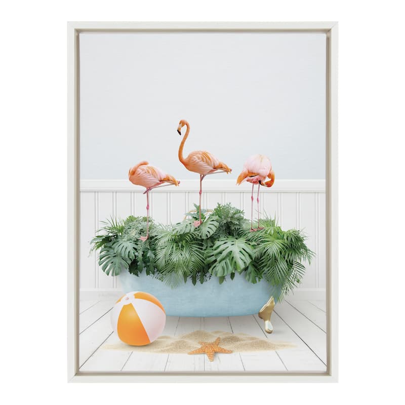Kate and Laurel Sylvie Flamingo Bath Framed Canvas by Amy Peterson