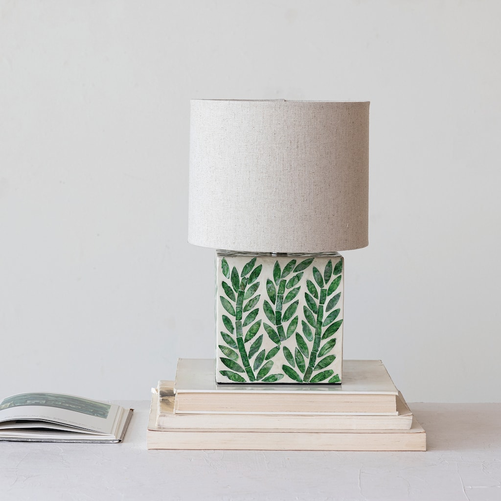Reclaimed Wood and Shell Botanical Table Lamp with Linen Shade - 9.1"L x 9.1"W x 13.6"H