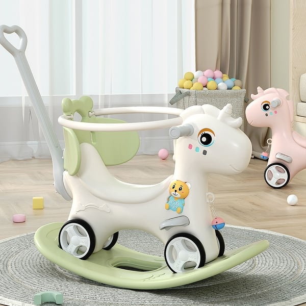 slide 2 of 22, Rocking Horse for Toddlers, Balance Bike Ride On Toys with Push Handle,Backrest and Balance Board for Baby Girl and Boy Green
