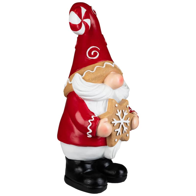 Gnome Holding Gingerbread Snowflake Cookie Christmas Decoration - 11.5" - Red