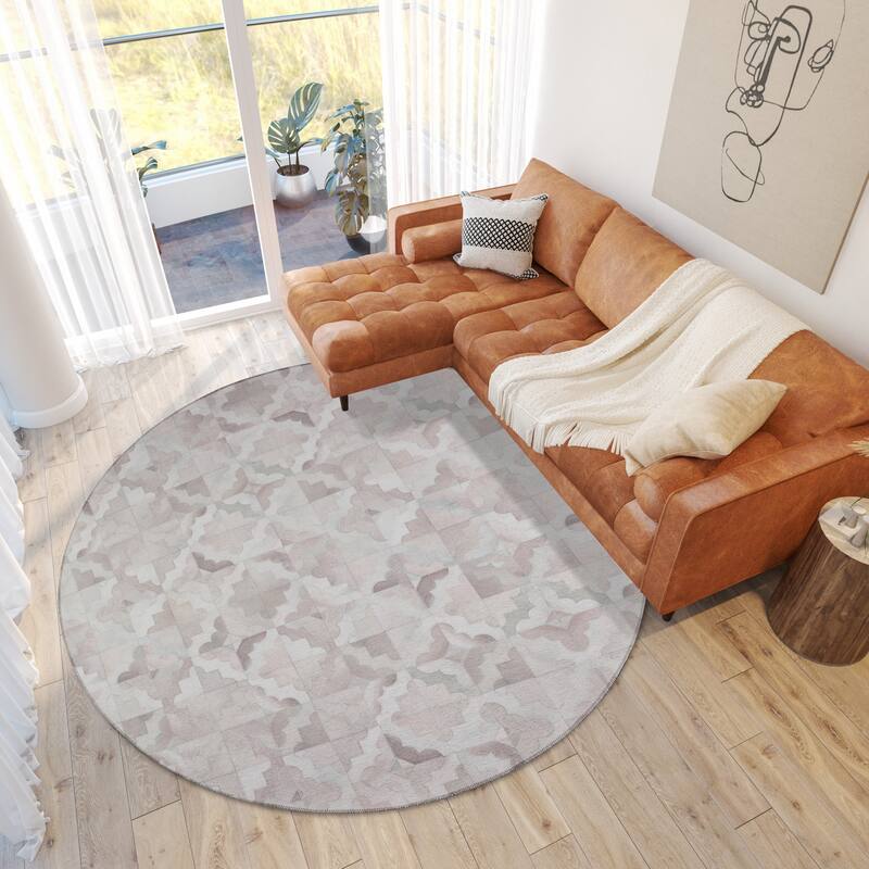 Indoor/ Outdoor Laredo Moroccan Faux Hide Patchwork Washable Area Rug - 8' x 8' - Ivory
