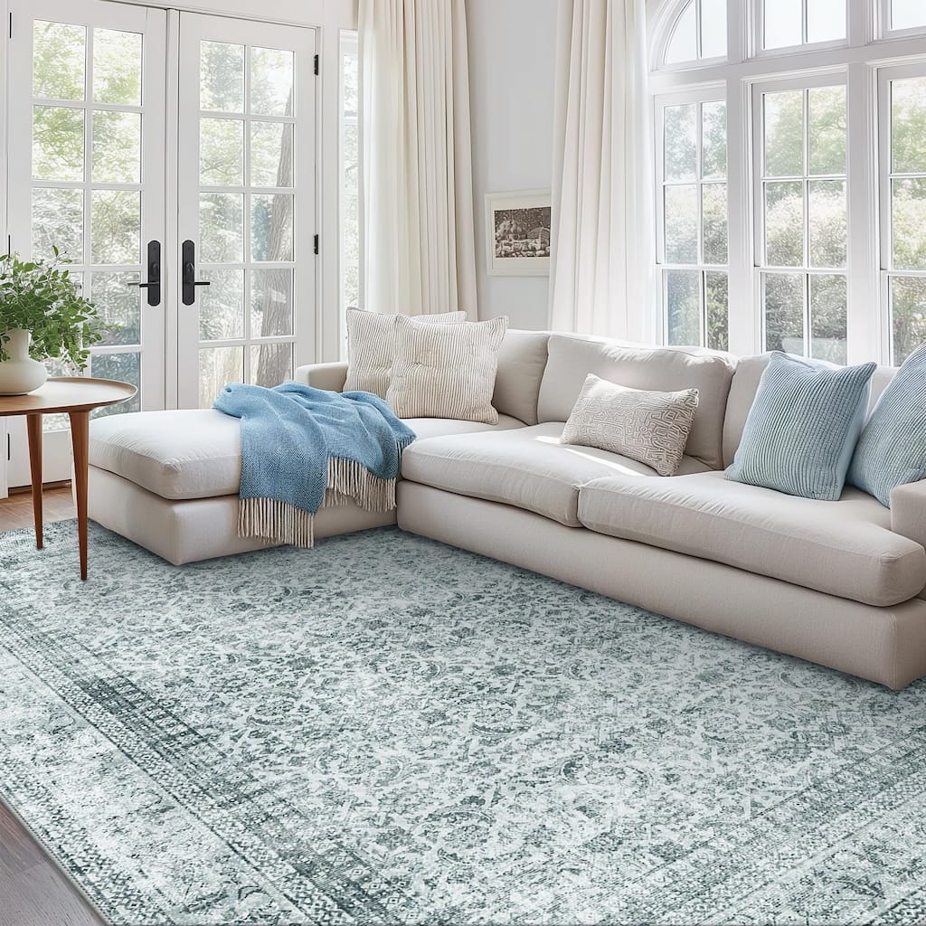 Mcow Machine Washable Boho Vintage Retro Floral Non Slip Rug