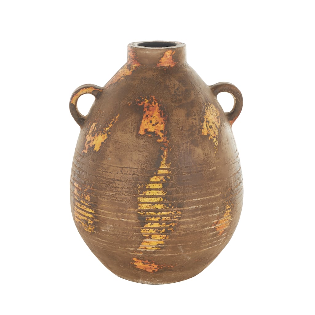 Ceramic Antique Style Distressed Vase with Grooves and Handles - Brown - Roche River Decor - 12"W x 11"L x 15"H