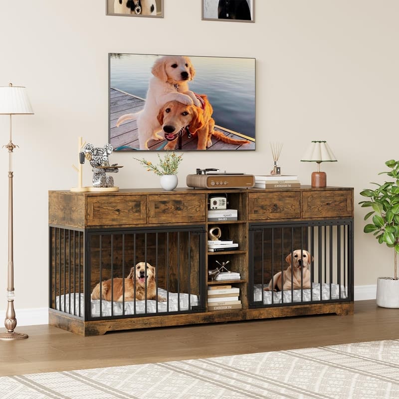 Wooden Dog Cage Crate Furniture TV Stand Large Dog Kennel with 4 Drawers and Shelves for 2 dogs