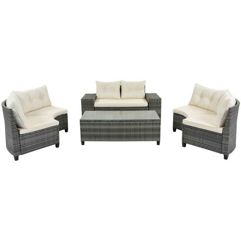 8 Pieces Outdoor Wicker Round Sofa Set, Half-Moon Sectional Sets with Rectangular Coffee Table and Movable Cushion