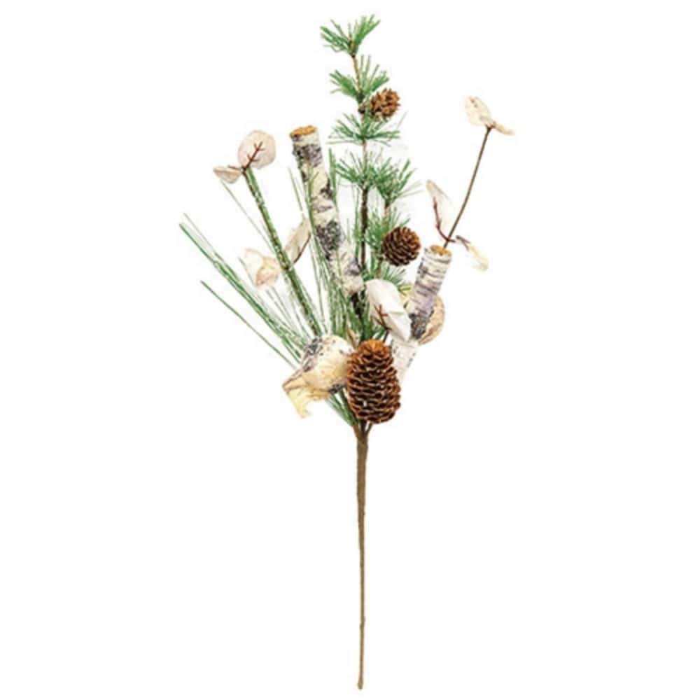 White, Brown and Green Pine Spray with Glittered Finish for Winter Decor - Length: 19 in.