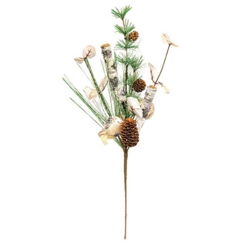 White, Brown and Green Pine Spray with Glittered Finish for Winter Decor - Length: 19 in. - White-Brown-Green
