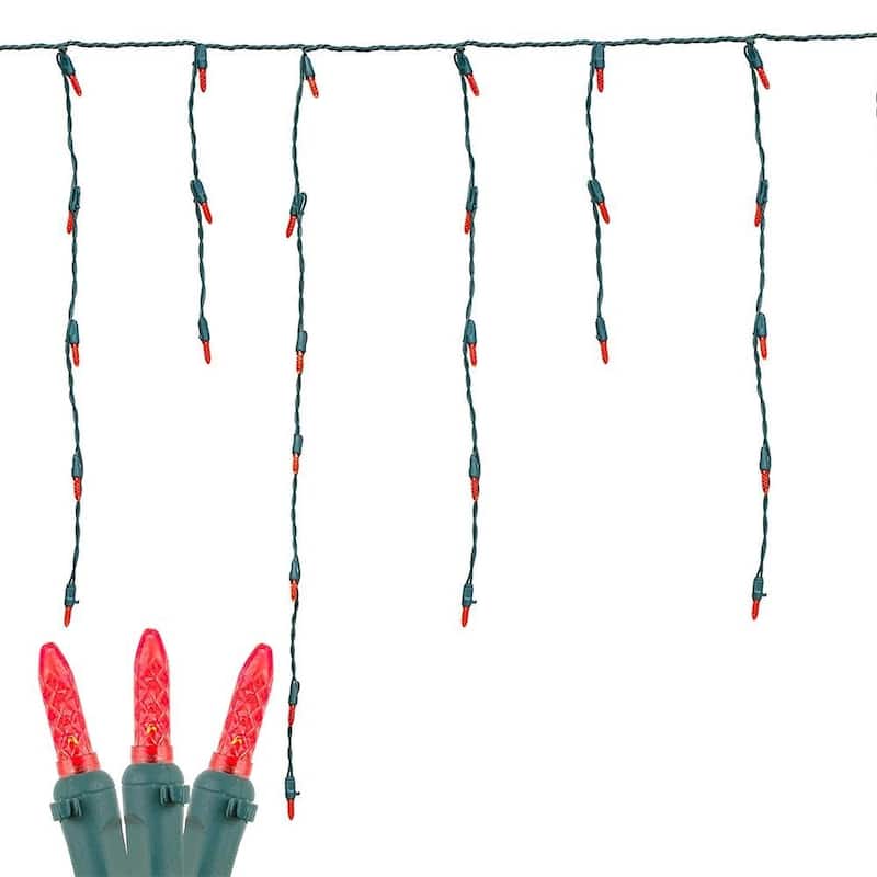 M5 Christmas LED Icicle Light Set, Green Wire, 15' Long, 150 Light - Red