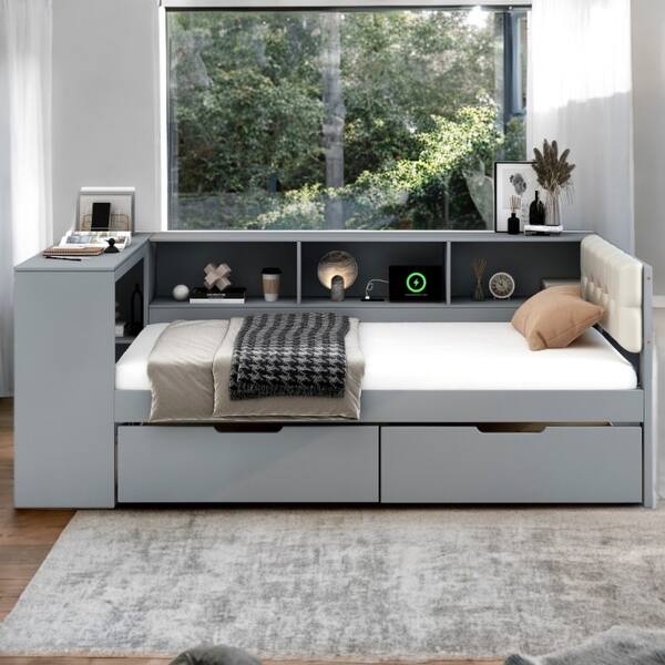 slide 2 of 13, Grey Wood Twin Size Platform Bed with Storage Shelves and 2 Drawers Grey