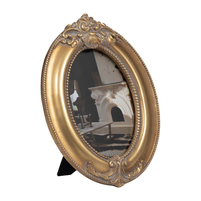 Sagebrook Home Elegant Gold Resin 4x6 Round Applique Photo Frame Glass Display, Classic Home Decor Accent - 6" x 1" x 9" - Ornate Gold
