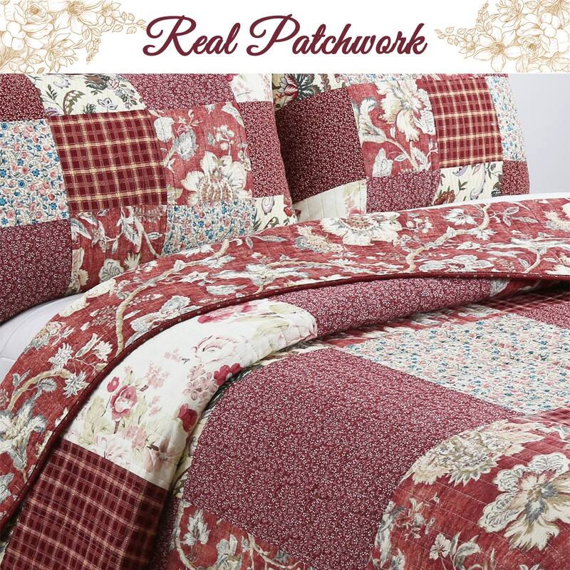 Cozy Line Thalia Real Patchwork 3 Piece Red Reversible Cotton Quilt Bedding Set