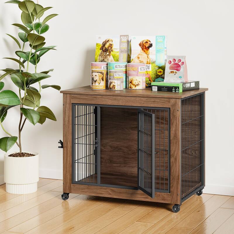 32.5" Dog Crate Furniture with Wheels for Small Dogs, Heavy Duty Dog Kennel Indoor with 2 Doors, Dog Cage for Anxiety Dog