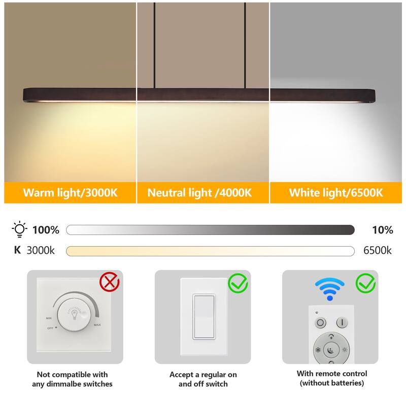 51" Walnut Wood Modern LED Pendant Light, Adjustable Hanging Light