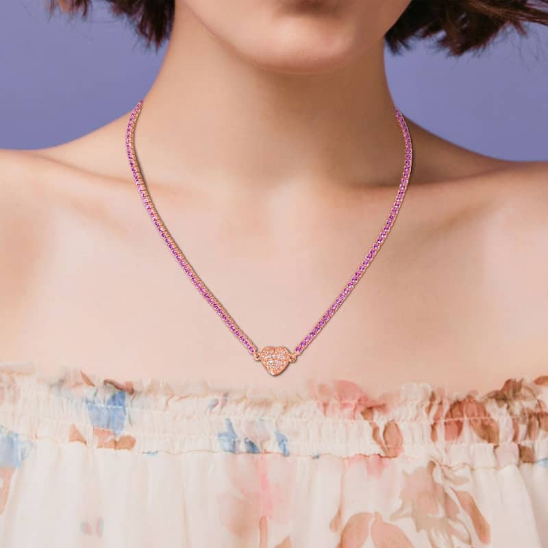Miadora 16 4/5ct TGW Created Pink Created White Sapphire Heart Necklace in Rose Silver-17 in