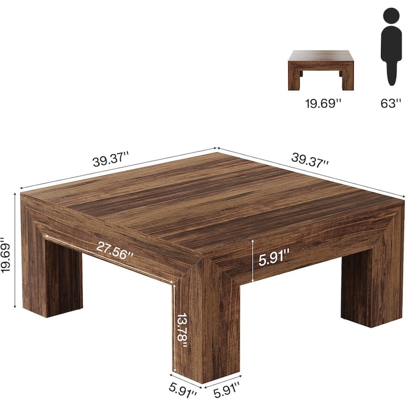39.4" Square Coffee Table for Living Room, Farmhouse Center Cocktail Table (MDF) - 39.4" L x 39.4" W x 19.7" H