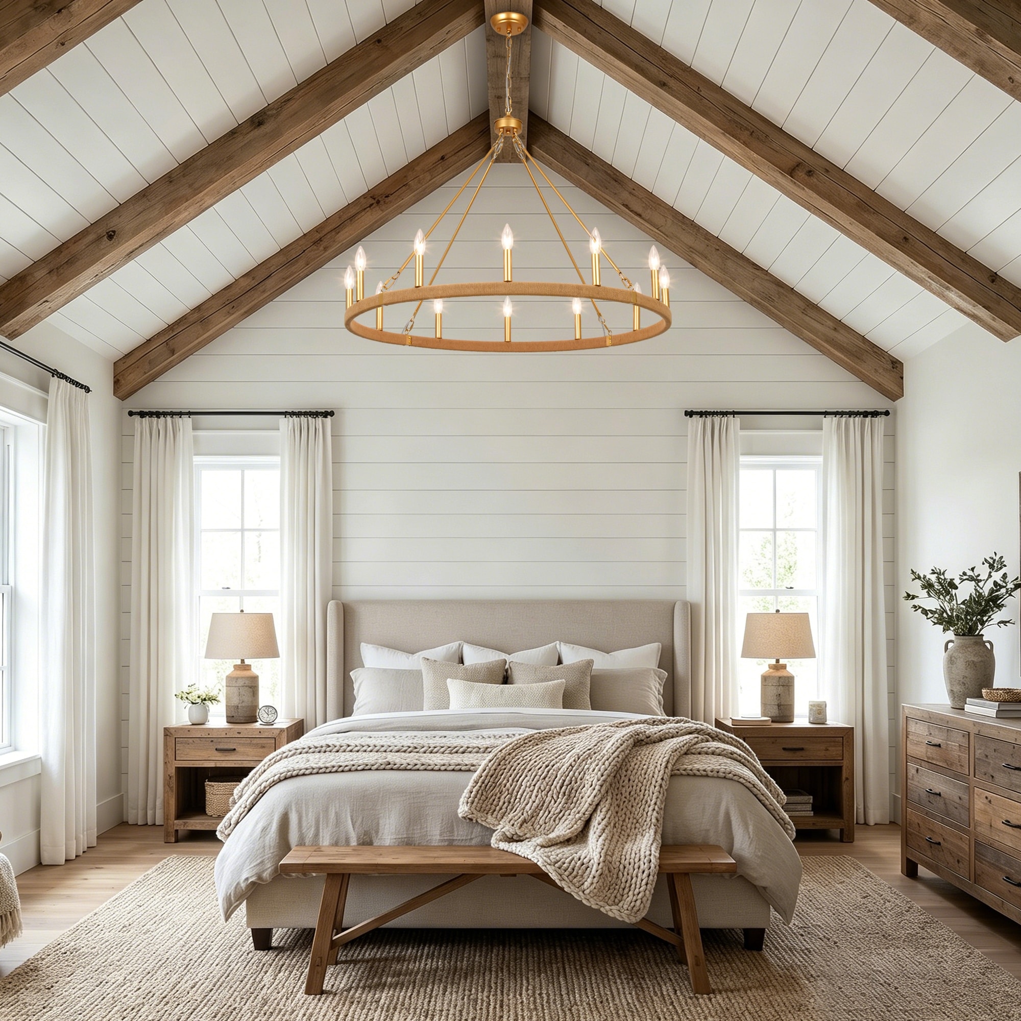 12/24/36-Light Handmade Cotton Rope Farmhouse Light Fixture, Large Chandeliers for High Ceilings Dining Room