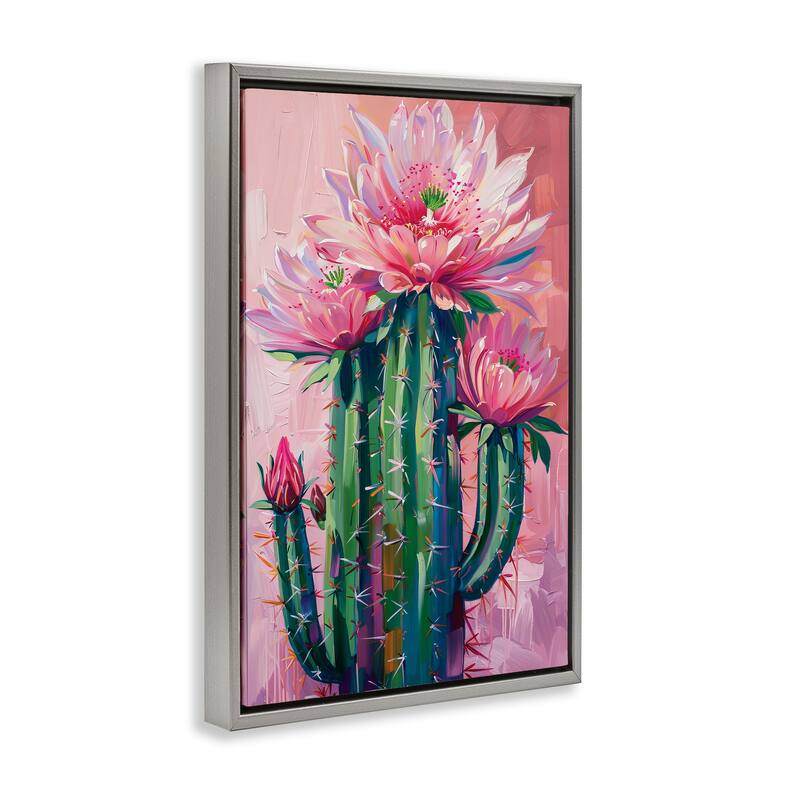 Stupell Pink Blossomed Cactus Framed Floater Canvas Wall Art Design By LSR Design Studio