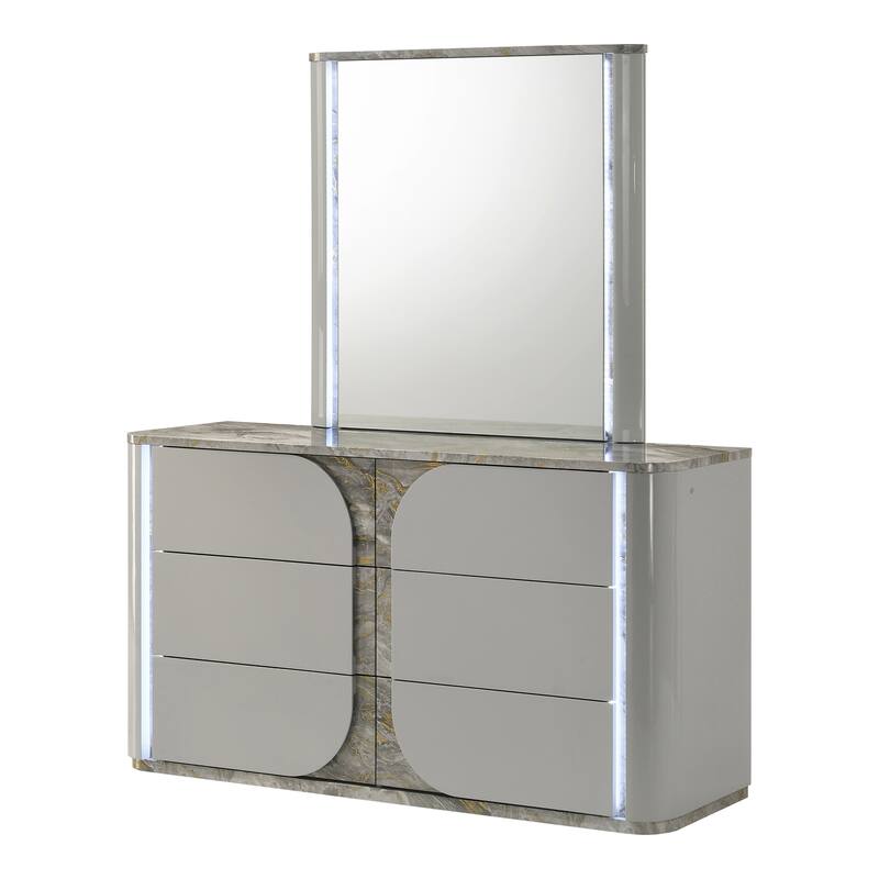 Furniture of America Sherri Modern 2-Piece Light Grey Solid Wood 6-Drawer Dresser and Mirror Set with Touch LED