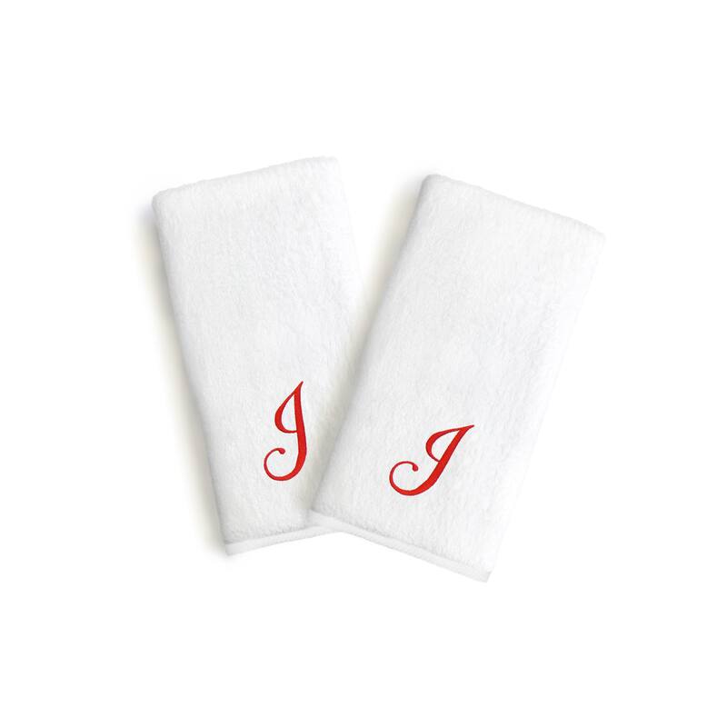 Authentic Hotel and Spa 2-piece White Turkish Cotton Hand Towels with Holiday Red Script Monogrammed Initial - White/J