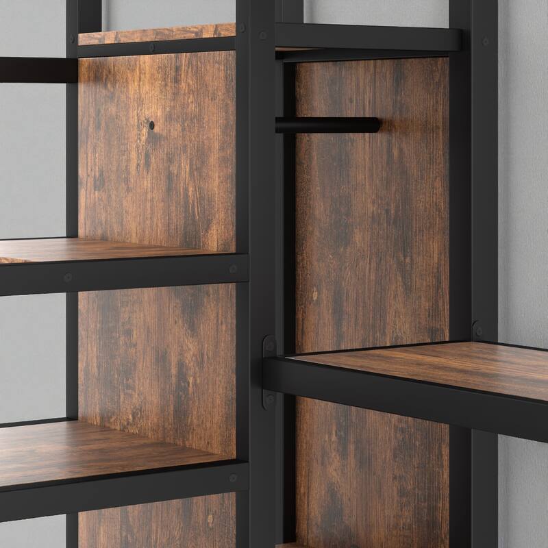 Queen Size Metal Loft Bed with Wardrobe, L-Shaped Desk, USB Ports, LED Lights, and Adjustable Shelves