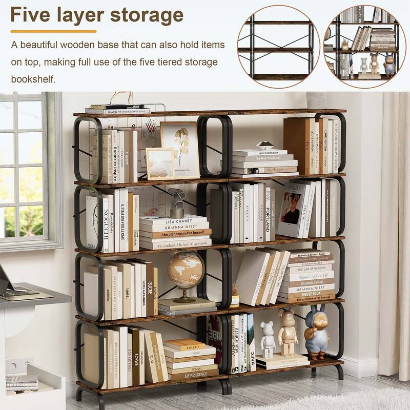 Rustic Tall Bookcase with Open Wood & Metal Design