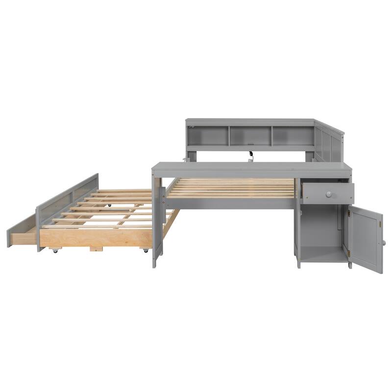 Bookcase Storage Bed, Full Size Daybed with Storage Shelves, Drawers, Trundle, Charging Station, Light, Desk and Cabinet