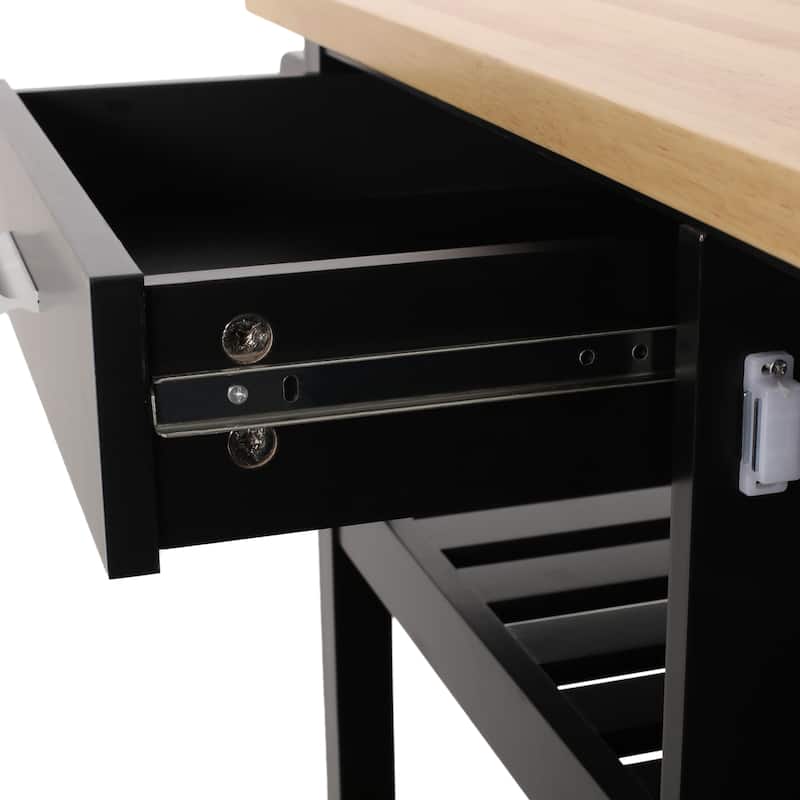 Modern Kitchen Cart with Rubberwood Top, Storage Drawer, Open Shelving, Includes Rolling Casters with Locks