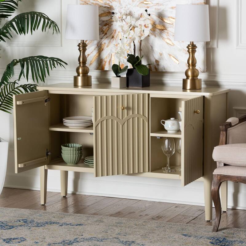 Leeba Sideboard - Modern Storage Buffet Console with Fluted Wood and Scalloped Molding for Kitchen or Dining Room