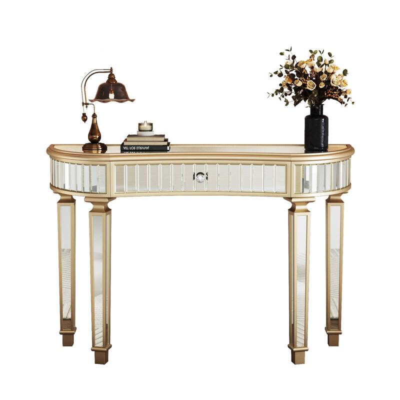 Roomfitters 47" Half-Moon Mirrored Console Table, Fluted Glass Entryway Vanity with Crystal Knob Drawer