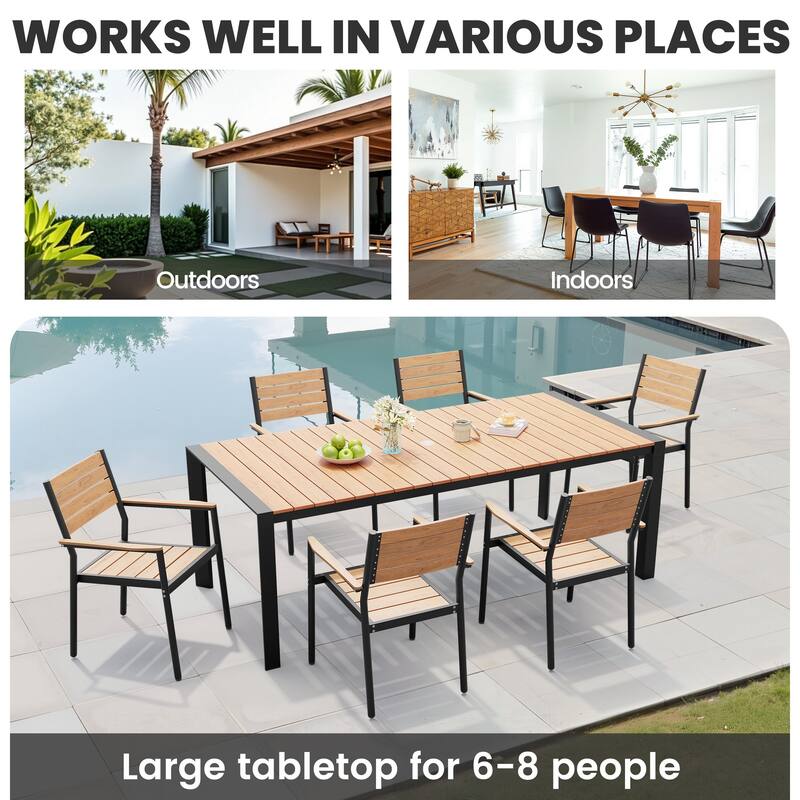 7-Piece Outdoor Patio Dining Set Rectangle Dining Table with Umbrella Hole and Stackable Chairs