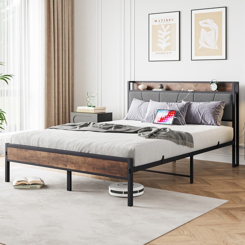 Metal&Wood Platform Bed with Storage Linen Headboard and Charging Station